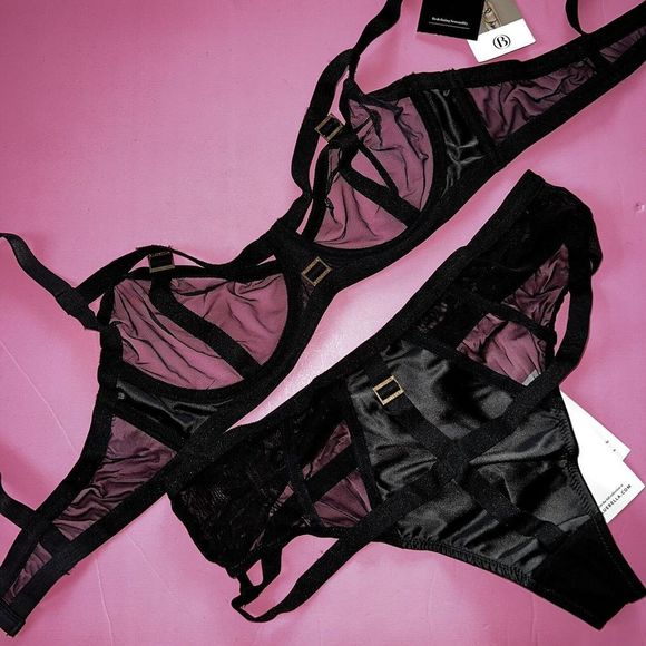 NWT BLUEBELLA unlined 36C BRA SET+M high-waist thong BLACK strappy mesh satin - Picture 1 of 6